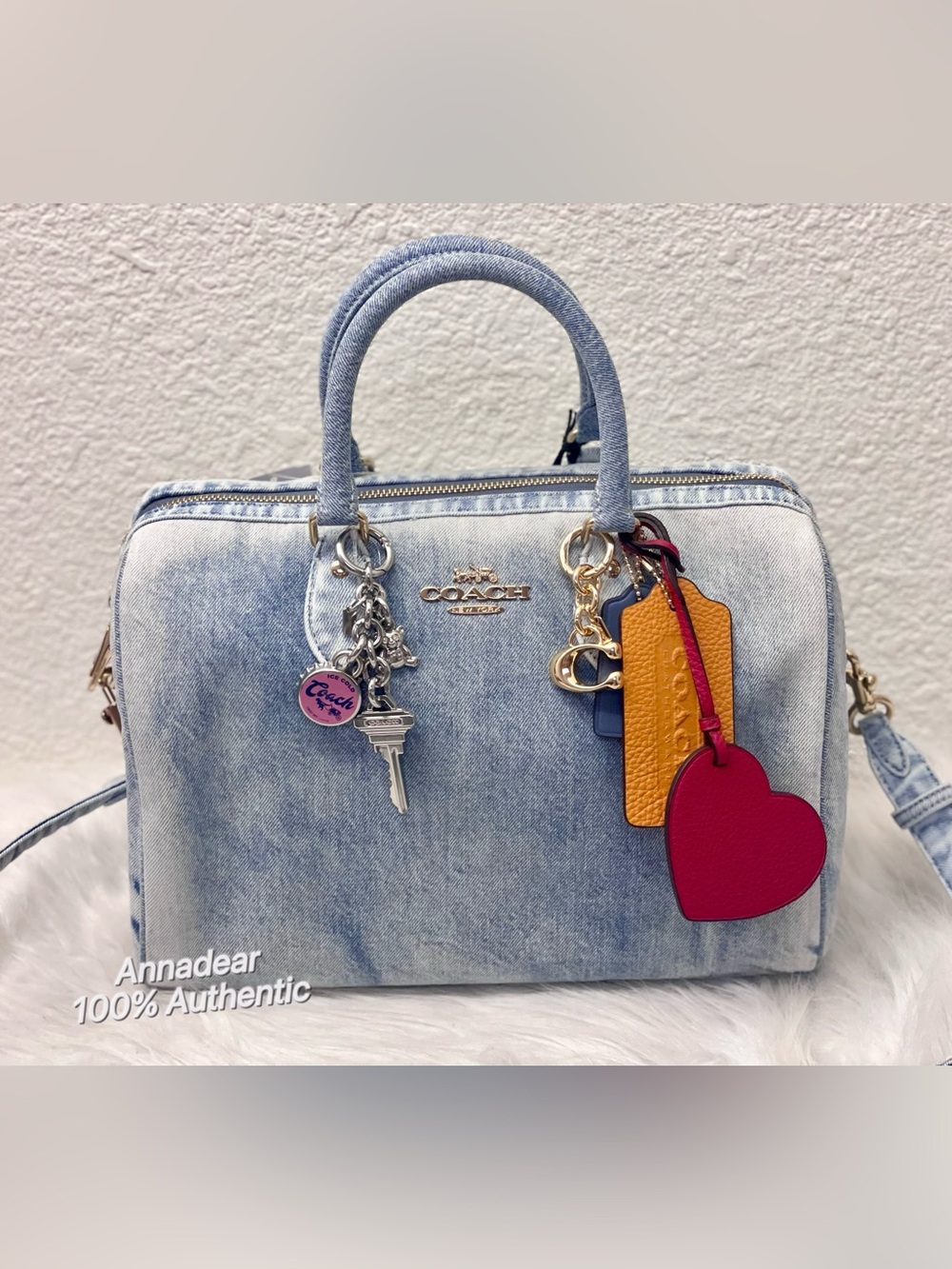 Coach CDY75  Rowan Large Satchel Bag In Loved Denim With Charms Light Indigo NWT
